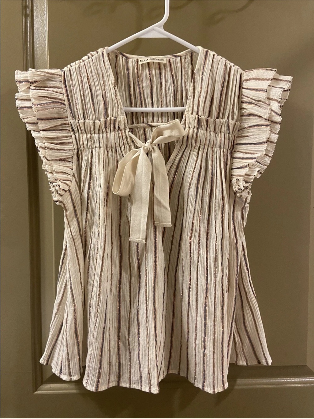Ulla Johnson Cream and Brown Striped Tie-Neck Flutter Sleeve Blouse